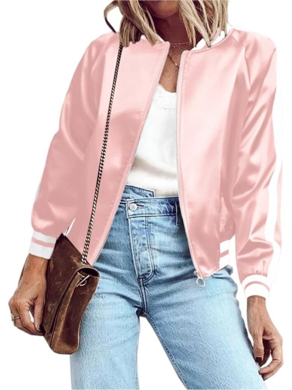 〽️Women Baby Pink 100% Polyester Shiny Zip Up Casual Striped Satin Bomber Jacket